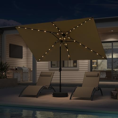 PURPLE LEAF 6.5' x 10' Rectangular Patio Umbrella with Solar LED Outdoor Table Umbrella Aluminum Frame Market Umbrella Sun Umbrella for Garden Deck Lawn Pool Beige
