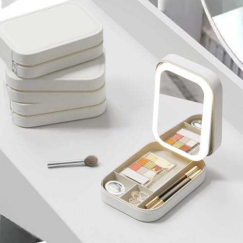Image of PRIMIT LED Travel Jewelry Case and Makeup Bag with Mirror, Dust-Proof Jewelry Box, 10 Sealed Jewelry Bags - Compact Cosmetic Mirror Case for Women Girls Travel Essentials (White)