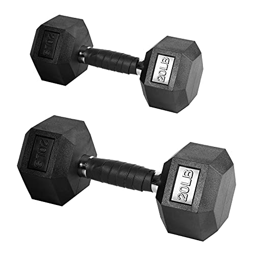 Kez Rubber Encased Hex Dumbbells Set Free Weight Solid Iron Cast Hand Weights in Pairs- 10lbs 15lbs 20 Pounds Dumbbells Set of 2 with Chrome-Plated Knurled Handles Exercise & Fitness Dumbbells