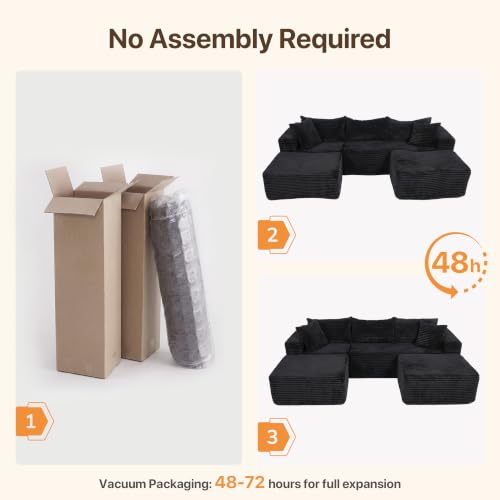 Image of Claiks 94 inch Boneless Couch, U-Shape Corduroy Sectional Sofa, Black