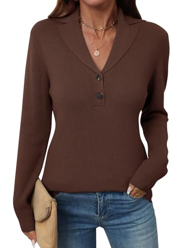 Image of LOMON Sweaters for Women 2025 Fall Knitted V-Neck Collared Button Pullover Dressy Casual Long Sleeve Polo Shirts Business