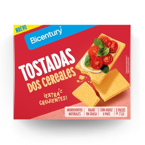 Bicentury Tostadas 2 Cereales – Con Arroz y Maíz, Extra Crujientes, Bajas en Grasa, Sin Lactosa y Veganas – Snack Ligero y Saludable (125 g)