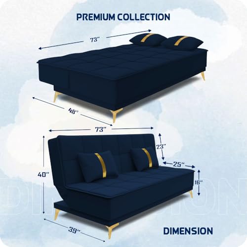 Image of Adorn India Premium New Alyssum 3 Seater Sofa Cum Bed 4X6 Velvet Suede with 2 Cushions (Color Blue) and Suitable for All Indoor, with 3 Years Warranty