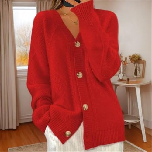 Womens Textured Knitted Coat V-Neck Long Sleeve Single Breasted Cardigan Loose Fit Casual Button Down Sweater Tops4