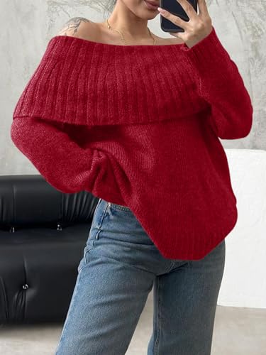 Image of Saodimallsu Womens Off The Shoulder Sweaters Oversized Long Sleeve Loose Ribbed Knit Fall Trendy Pullover Tops