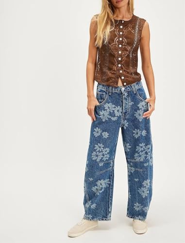 yoeasy Women's Mid Rise Baggy Barrel Jeans Floral Printed Wide Leg Y2k Boyfriend Jeans Denim Ankle Pants3