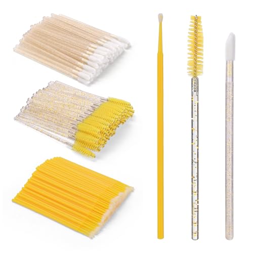 BAMTTOO 300個 まつげエクステンション用品キット 使い捨てラッシュスプーリーブラシ 綿棒ブラシ リップブラシ まつげエクステ タトゥー リップスティックアプリケーター用 (イエロー)