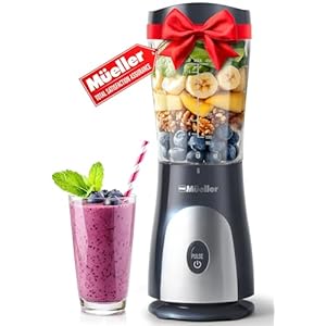 Mueller Heavy-Duty Smootie Blender, Personal Blender for Shakes and Smoothies with a 15 Oz Travel Cup and Lid, Juices, Baby Food, Portable Blender & Food Processor, Light Grey