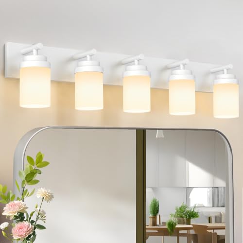 Image of IZORRO Bathroom Light Fixture White, White Glass Shade 36-Inch 5-Light