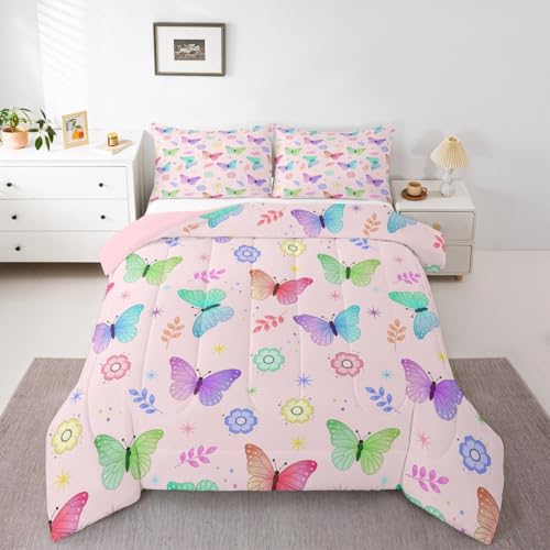 Image of Erosebridal Cartoon Butterflies Comforter Full Size for Kids Boys Girls,Cute Colorful Daisy Bedding Set,Flying Butterfly Duvet Insert,Rainbow Gradient Quilt Bedroom Decor