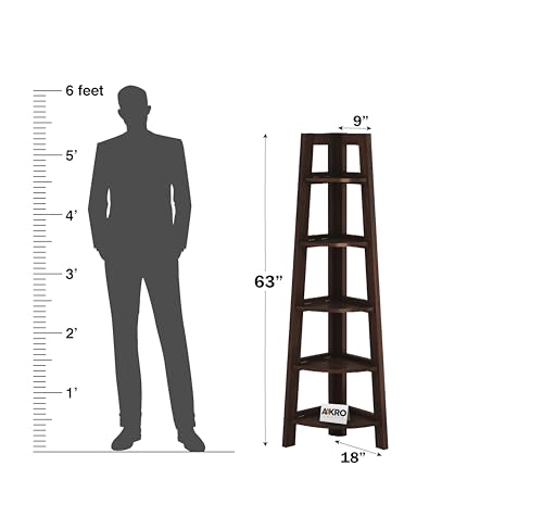 Image of Solid Sheesham Wood Corner Shelf 5 Tier Ladder Shelves Book Shelf Rack Wooden Bookcase Display Unit for Living Room Bedroom (Walnut Finish)