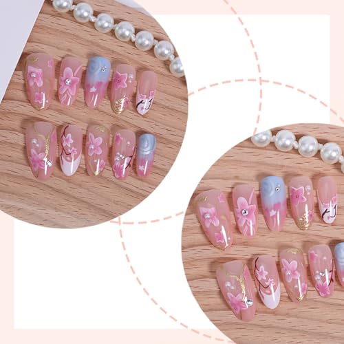 30Pcs Summer Almond Press on Nails with Cherry Blossom Pearl Rhinestones Gold French Tips Reusable Fake Nails for Wedding Party, Flowers Nail Art Set, DIY Long Pink Acrylic False Nails for Daily Wear - Image 4
