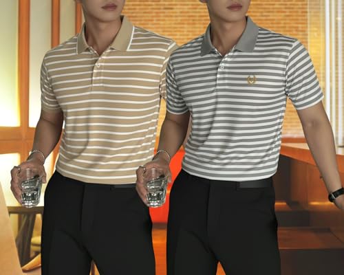 Image of MACK JONNEY Men's Cotton Polo T-Shirt | Regular Fit | Short Sleeve | Striped Casual Wear | Pack of 2 -MJ-1