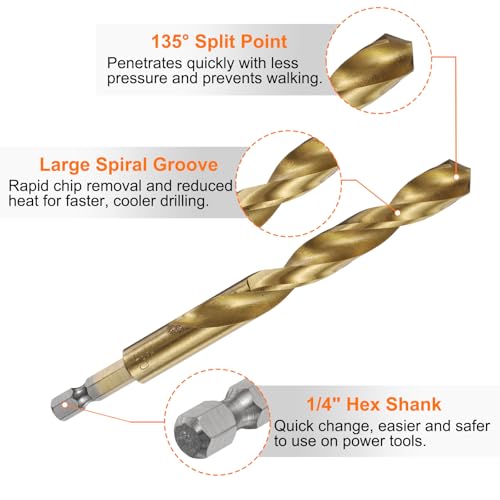 QUARKZMAN 6 Stück Metall Spiralbohrer 10,5mm, Titanbeschichtet Hochleistungs-HSS-Bohrer mit 6,35 mm Sechskantschaft, Jobber-Bohrer Für Edelstahl, Metall Gold