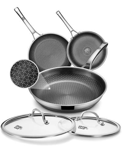 Image of Yonida Non Stick Frying Pans, 8+10+12 inch with 2 Lid, Hybrid Frying Pans Set Nonstick,non stick Skillets Stainless Steel, Dishwasher & Oven-Safe, Induction Compatible Cooking Pan, PFOA Free Cookware