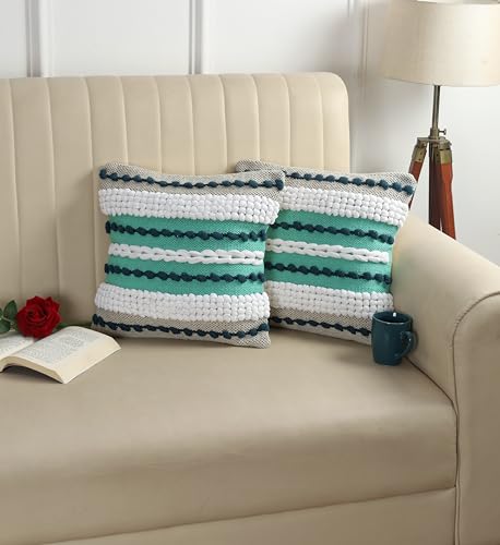 Image of TIB Premium Boho Decorative Throw Cushion Covers, 16 x 16 cm, Set of 2, Cotton. (Blue & White Lines)-230 TC