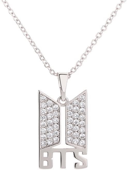 BTS Logo with Text and Rhinestone Pendant For BTS Army Merchandise Necklace/Locket Chain for Army Girls Silver