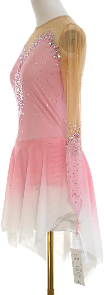 Girls' Pink Figure Skating Performance Dress with Rhinestones
