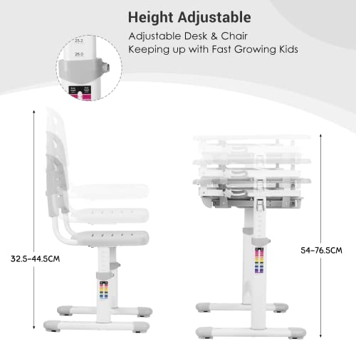 Clevich Kinderschreibtisch Höhenverstellbar, Kinder Schreibtisch und Stuhl Set mit Haken, Multifunktional Schülerschreibtisch Neigbare Tischplatte von 0-40°Schreibtisch Kinder für Zeichnen (Grau)