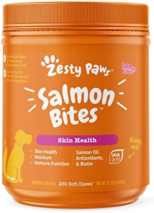 Zesty Paws Salmon Fish Oil Omega 3 for Dogs - with Wild Alaskan Salmon Oil - Anti Itch Skin & Coat + Seasonal Allergy Support - Hip & Joint + Arthritis Dog Supplement EPA & DHA - 250 Count