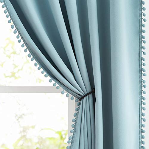 Image of Treatmentex Pom-Pom Blue Curtains Living Room 90 inches Energy Efficient Thermal Insulated Room Darkening Curtain Panels for Bedroom Window Draperies Nursery Room Children 52 inch w x2 Panels Rod Pocket