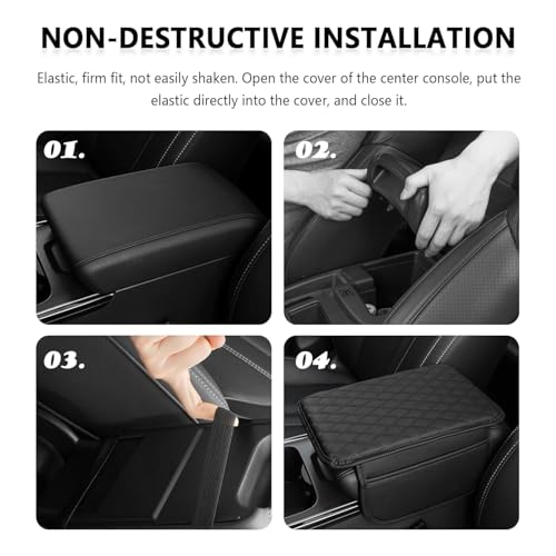 Image of Car Armrest Cover with Side Pockets, Quilted Design Center Console Cover, Elastic Strap Installation, Black