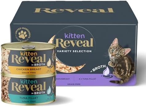 Reveal Natural Wet Kitten Food, 8 Count, Grain Free Wet Kitten Food, Limited Ingredient Canned Food for Kittens, Chicken and Tuna in Broth Variety, 2.47 oz Cans