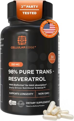 Trans-Resveratrol 250mg (98% Pure) with BioPerine | Made in USA | Third-Party Tested | Cellular Health & Longevity Support | Vegan | 30 Capsules