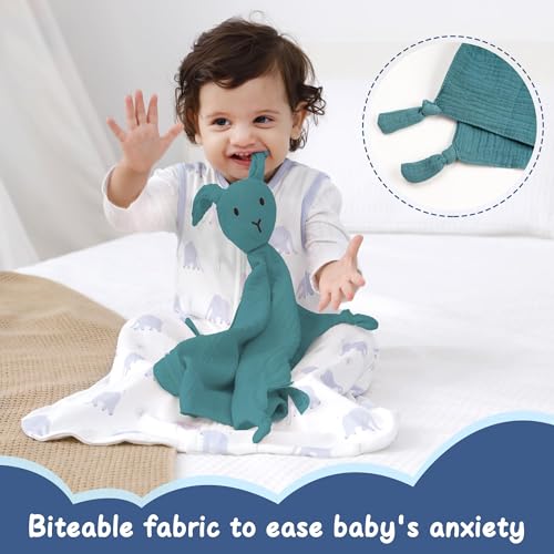 Image of ZIGJOY Bunny Lovey Muslin Cotton Baby Security Blanket Soft Breathable Lovies for Babies Gifts for Newborn Infant Toddler Boys and Girls, Blue