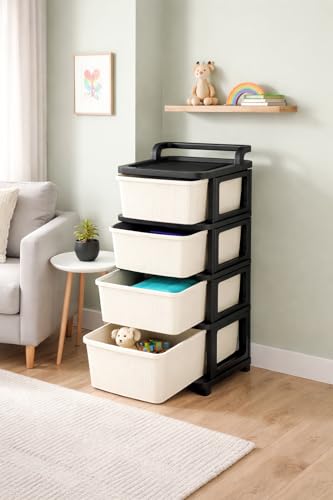 Image of KITCHIVO Heavy Duty Plastic Storage Drawer with Wheels | Modular Cabinet for Bedroom, Office, Home or Classroom| Chest of Drawers Organiser for Cosmetics, Kitchen items, Toys (Black & Ivory, 4)
