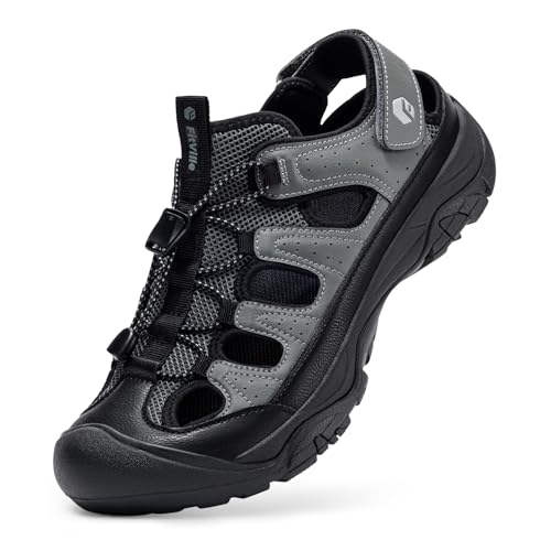 FitVille Weite Sandalen Herren mit Klettverschluss Sommerschuhe Outdoorsandals Rutschfeste Geschlossen Slipper Dämpfende Sandaletten Walking Wander Trekking für Platt Füße Grau/Schwarz EU Weit 42.5