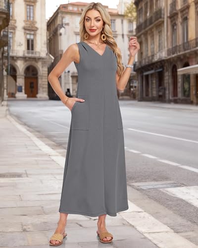 MISFAY Sleeveless Maxi Dress V-Neck Wrinkle-Free Sundress Dark Gray — view 3