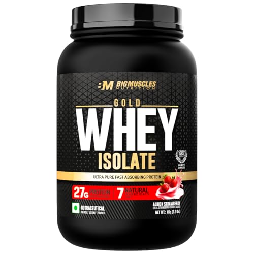 Image of Bigmuscles Nutrition Gold Whey Isolate (1kg, Albion Strawberry) | 27g Whey Protein Isolate 90% | 7 Natural Ingredients Only | 0 Added Sugar | Clean Label Project Purity Award USA