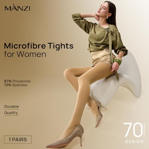 Image of MANZI Microfibre Tights for Women, Semi Opaque Solid Colored Footed Pantyhose 70 Denier