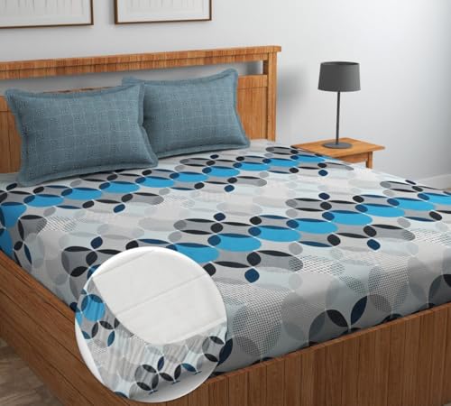 Image of NHD HOME Premium Cotton Elastic Fitted Bedsheets with 2 Pillow Covers Double Bed All Around Elastic Supersoft Size - 72 x 78 +10 inches White Blue & Grey 200 tc - 220 tc