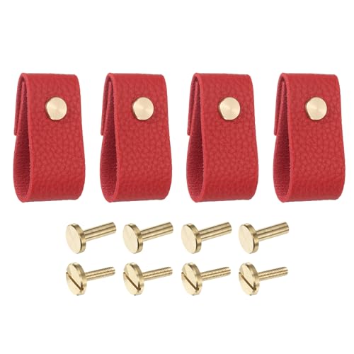 QUARKZMAN Lot de 4 Poignées de Tiroir en Cuir - Remplacement des Boutons Traditionnels pour Tiroirs, Placards de Cuisine, Armoires - Rouge