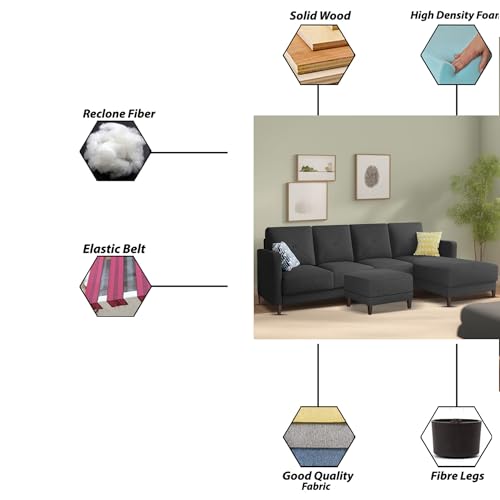 Image of Baloney RHS 6 Seater L Shape Sofa Set with Center Table for Living Room (Black Fabric) Premium Fabric Sofa