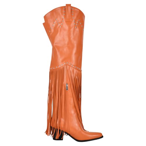 Image of richealnini Western Thigh High Cowboy Boots with Fringe Over Knee Wide Calf Cowgirl Boots
