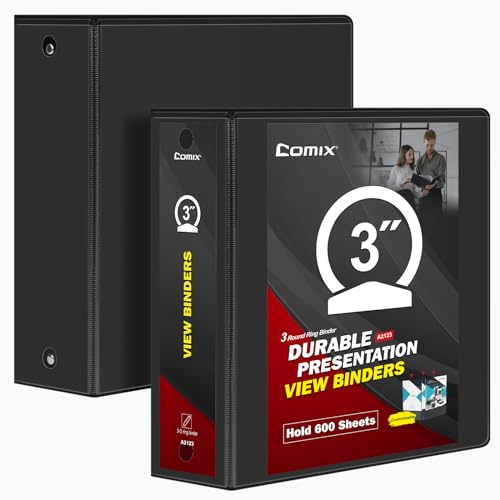 Comix Sturdy Round Ring Binder 3 inch with Clear View Cover Holds 600 Sheets of US Letter Size Paper 2 Pack (Black)