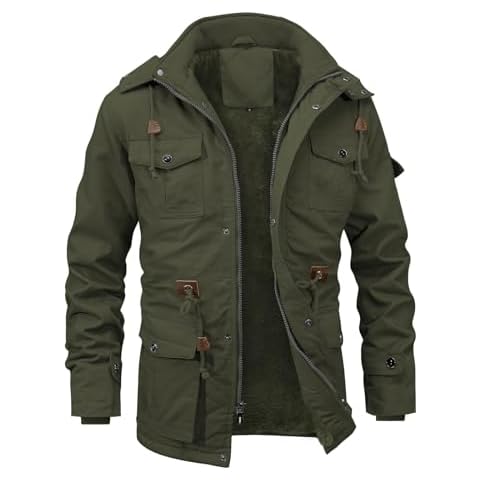 INVACHI Men's Winter Jackets with Hood Fleece Lining Thick Cotton Military Jackets Work Jackets with Cargo Pockets Outwear Cover