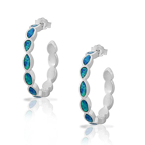 925 Sterling Silver Blue Turquoise-Tone Simulated Opal Half-Hoop Womens Earrings