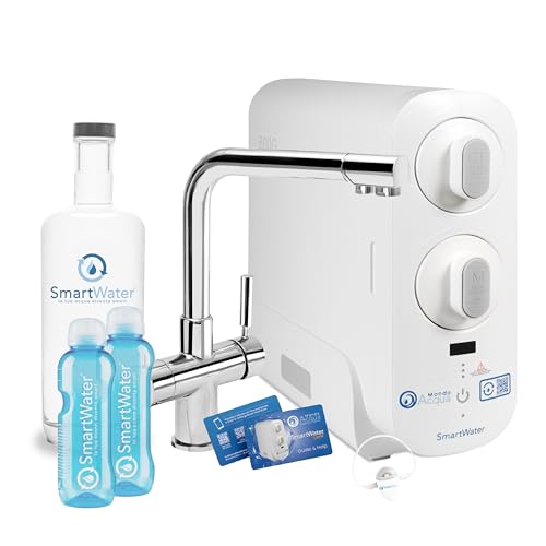 SmartWater Tap Pack - Purificador de agua para debajo del fregadero con grifo de 4 vías de agua pura sin botella, sistema completo sin suscripción, 1,6 l/min, con botella y botellas