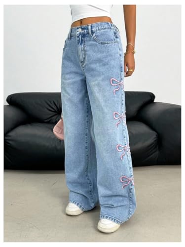 WDIRARA Girl's Bow Embroidery Baggy Jeans Mid Waist Straight Leg Y2k Denim Pants3