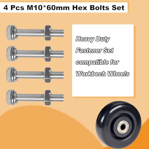 Image of M10-1.5x60mm Hex Bolts and Nuts Set for Caster Wheels Assembly | 304 Stainless Steel M10 Hexagon Nut with Flat Washers, Spring Washers Fastener Fully Threaded 4 Sets motorcycle bolts