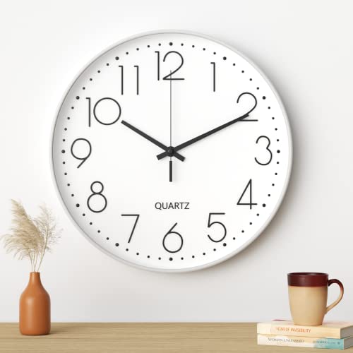 Uootach Horloge Murale, 30CM (12 Pouces) Moderne Horloge Murale silencieuse (Blanc Caractère Noir)