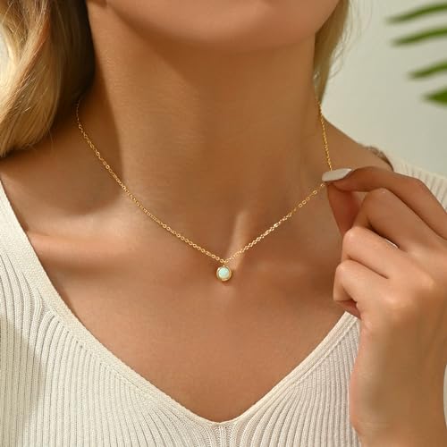 Opal Necklaces for Women Dainty 18K Gold Plated Created Opal Pendant Necklace Simple Round Opal Jewelry Gift2