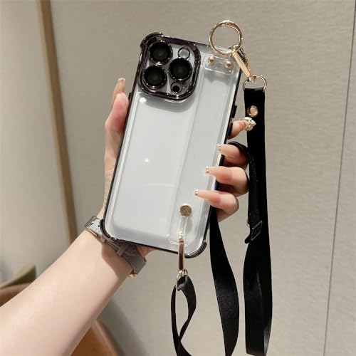 Étui rigide transparent luxe en cuir avec lanière élégante pour iPhone 14 Pro et Max
