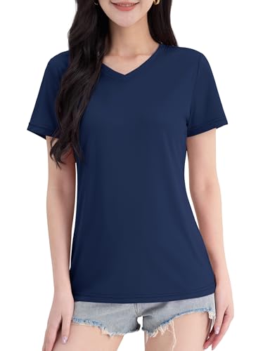 TACVASEN Tシャツ レディース 半袖 Vネック UPF 50+ 吸汗速乾 スポーツウェア 無地 トレナー ゴルフ ラーニング トレニングウェア 透け防止 普段着 夏