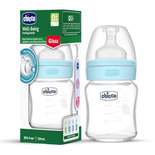 Image of Chicco Wellbeing Glass Feeding Bottles 120ml (Blue) I Premium Borosilicate I Proven Anti-Colic System I 100% Silicone I Food Grade I BPA Free I New Born I Slow Flow | 0+ Months