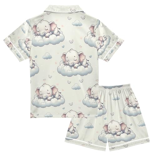 senya Cute Sleeping Elephants Satin Summer Pajama Sets Silk Short Sleeve Button Down Sleepwear2